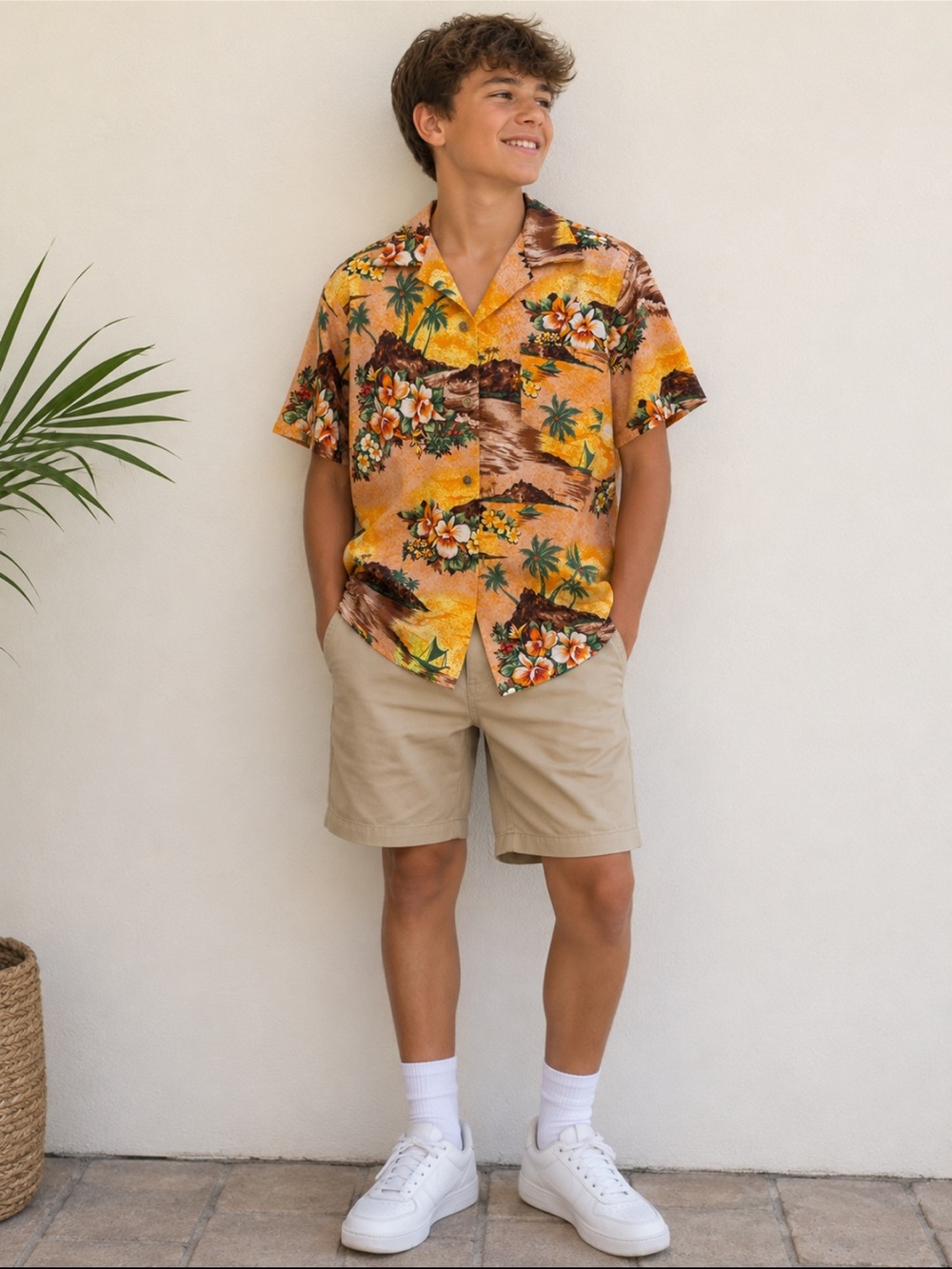 Kids Orange Tropical Floral Camp-Style Short Sleeve Shirt